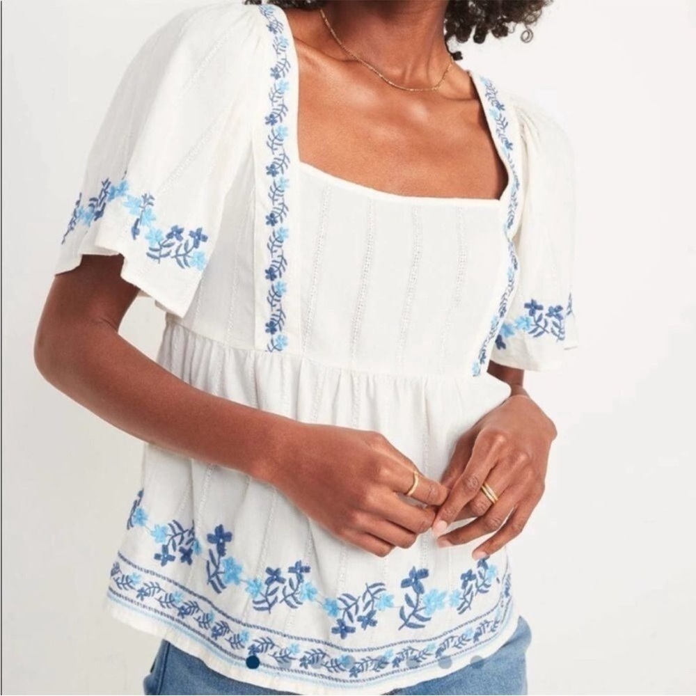 Old Navy Boho Milkmaid Embroidered Babydoll Flutter Sleeve Square Neck Top XS